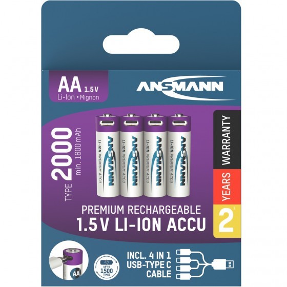 Ansmann USB-C Akku Mignon/AA/LR6  Li-ion 1,5V 2000mAh 4-Pack inkl. Ladekabel
