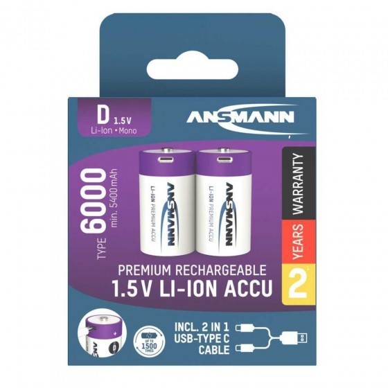 Ansmann USB-C Akku Mono/D/LR20 Li-Ion 1,5V 6000mAh 2-Pack inkl. Ladekabel