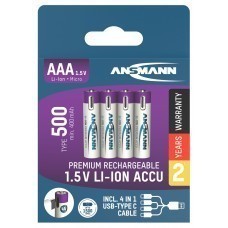 Ansmann USB-C Rechargeable Battery Micro/AAA/LR3  Li-ion 1,5V 500mAh 4-Pack incl. charging cable